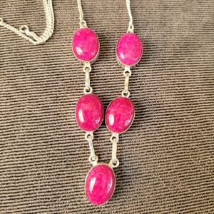 Elegant Bright Hot Pink Stone Necklace In 925 Silver Links. Colirf